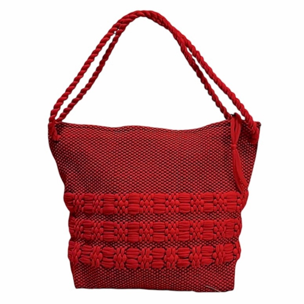 Woven Fabric Cherry Red & Black Womens Zipper Slouchy Tote Bag Purse